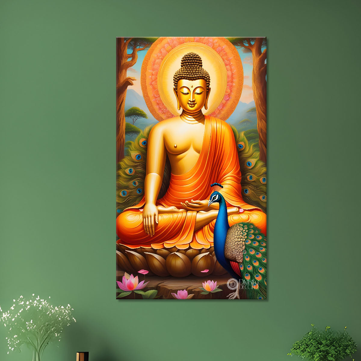 Golden buddha with orange chakrabackground textured painting- Buddha-V-10