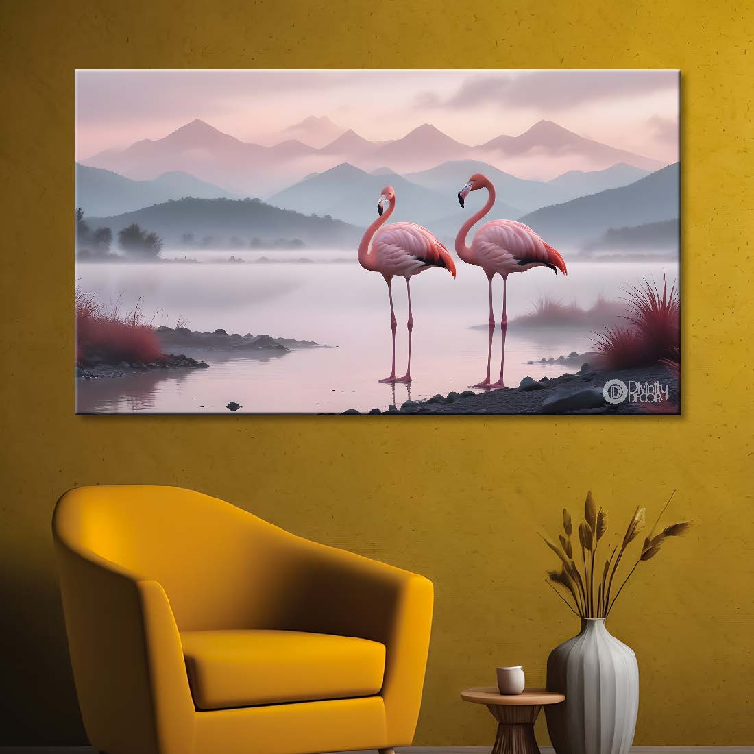 Two pink Flamingo with sea and mountains in pink background textured art.- Design - Animal -11