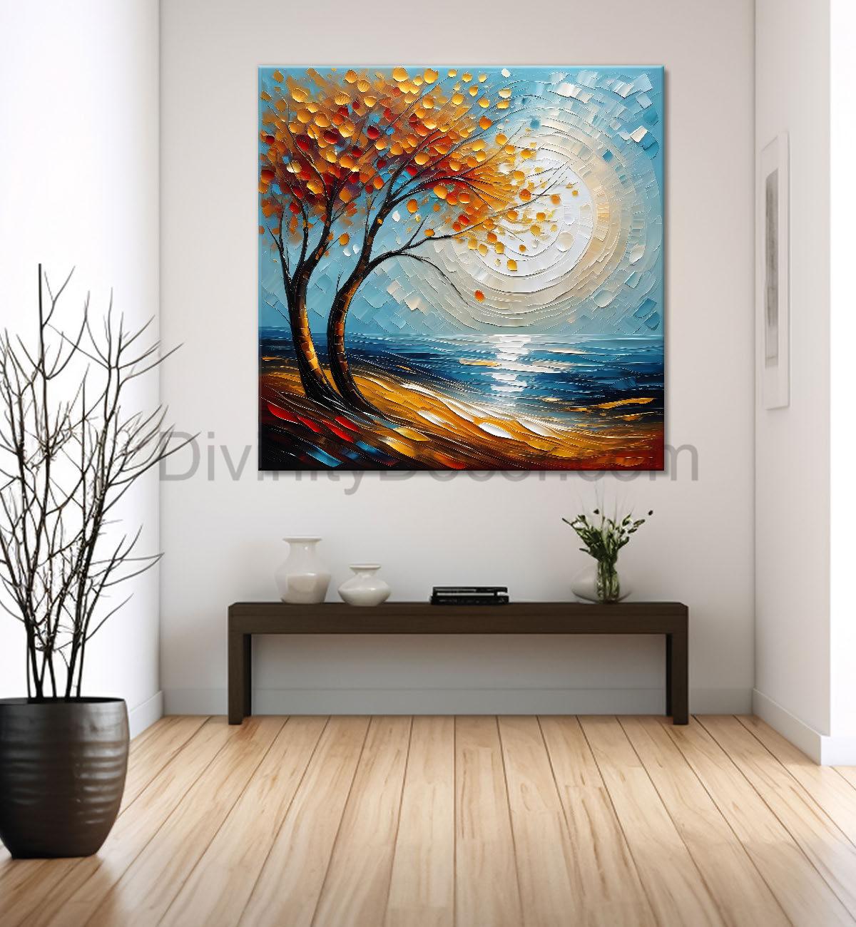 Orange tree with moon in blue background natural art Canvas Painting 24X24 - Nature Art -S-11