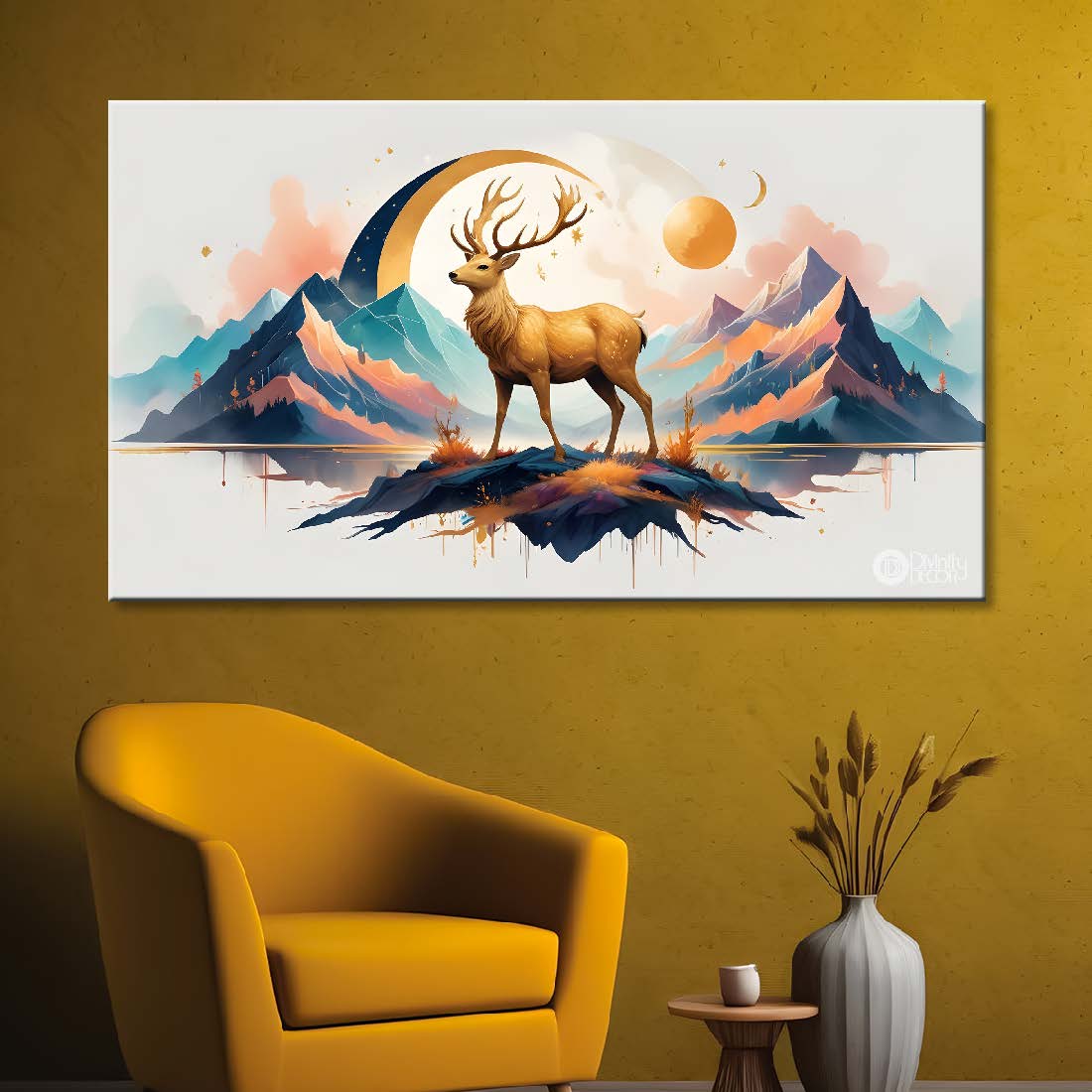 Golden Moose with mountains and moon in textured art.- Design - Animal -12