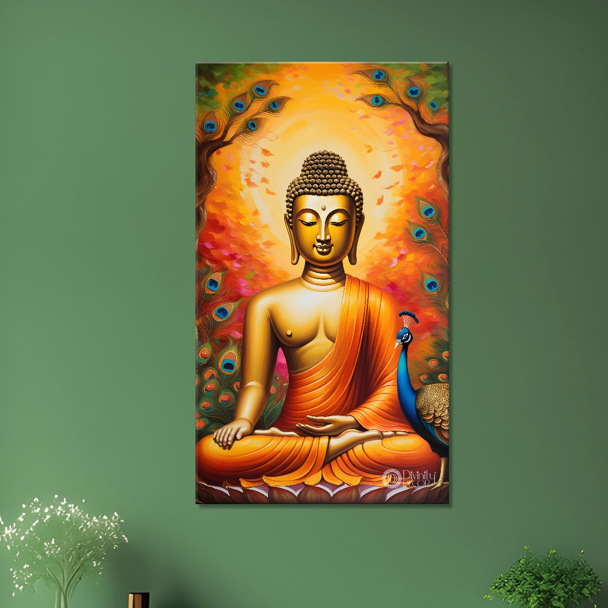Golden buddha sitting on lotus with trees,peacock and orange background textured painting- Buddha-V-12
