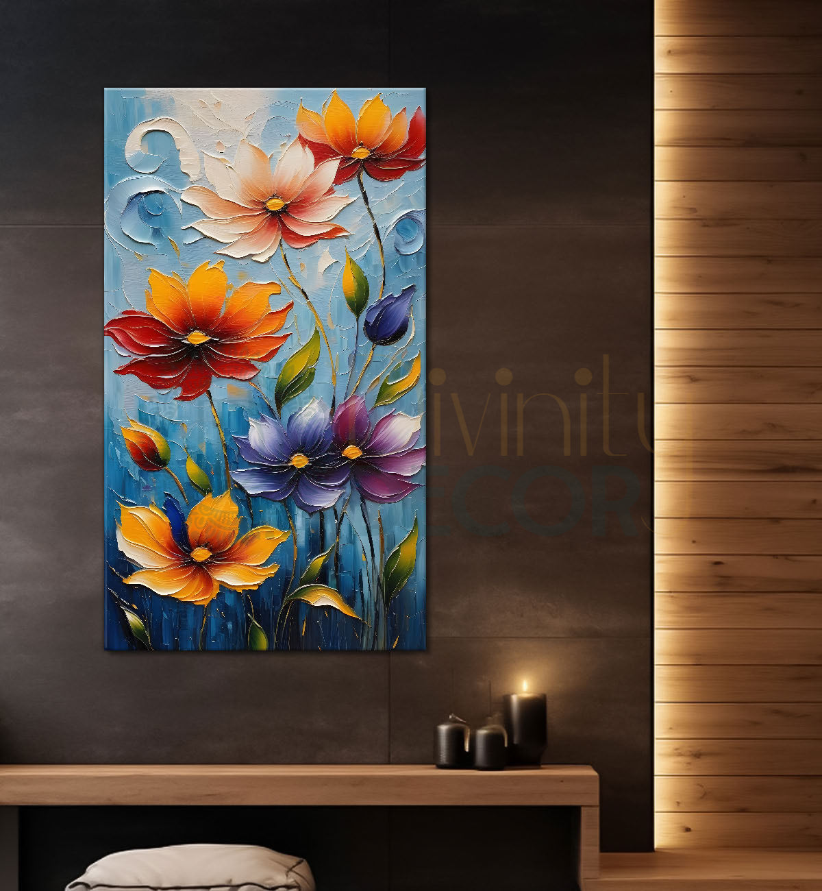 Colourful flowers in blue textured background painting - Flower-V-12