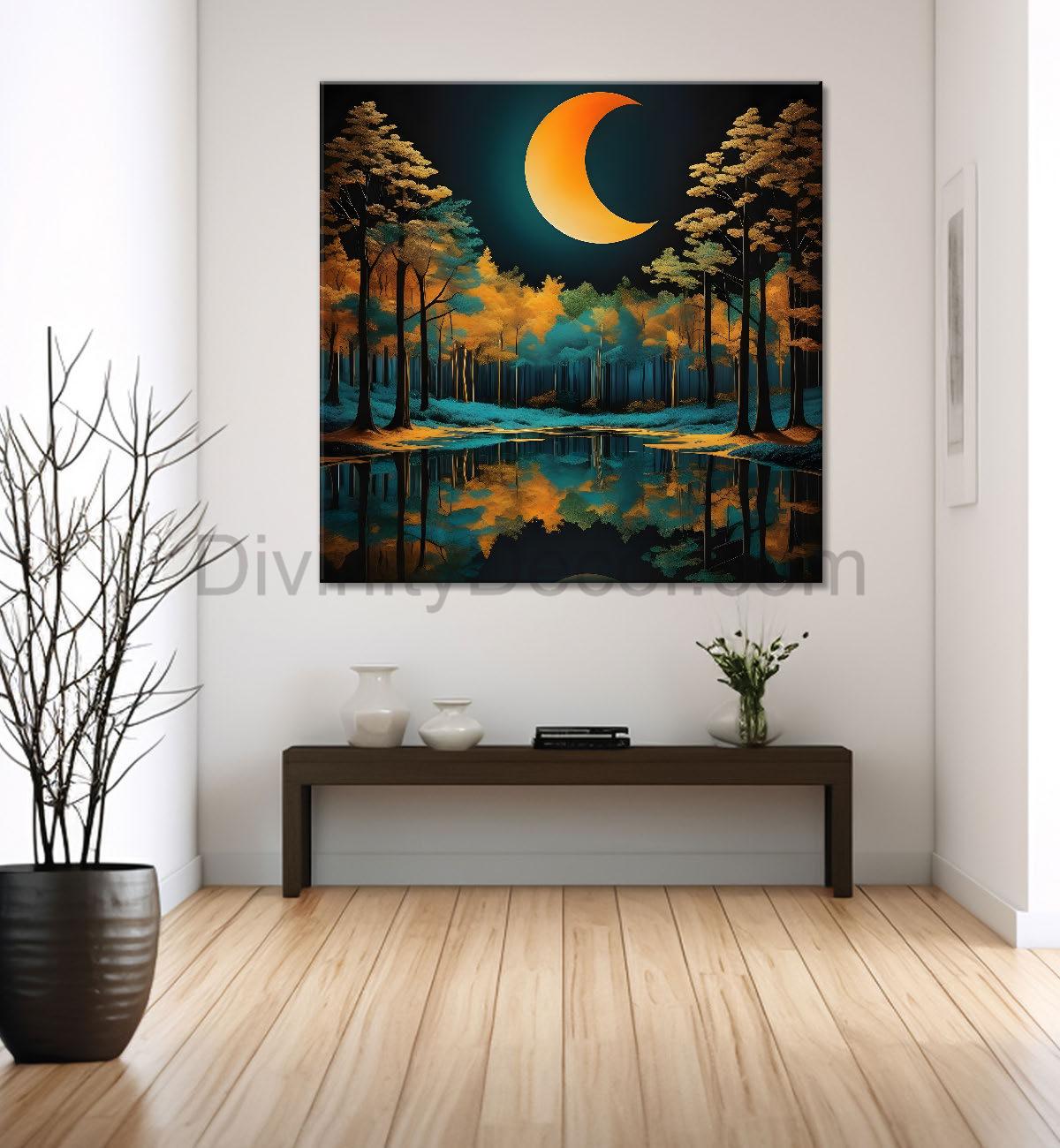 Orange trees with half moon in dark green background painting 24X24 - Nature Art -S-13