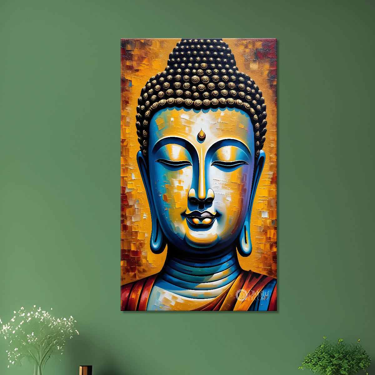 Golden buddha with orange background textured painting- Buddha-V-13