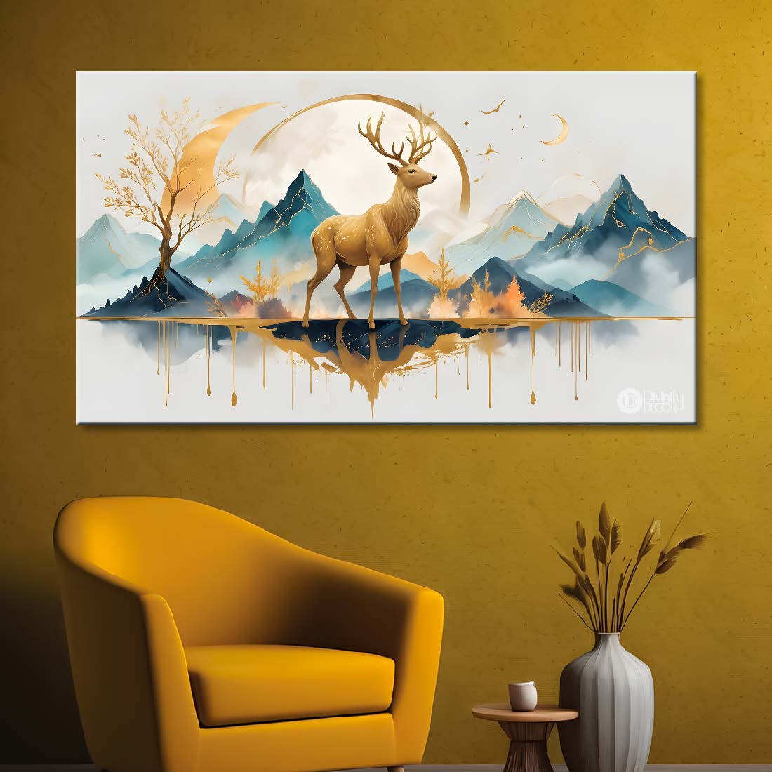 Golden Deer with mountains and moon in textured art.- Design - Animal -13