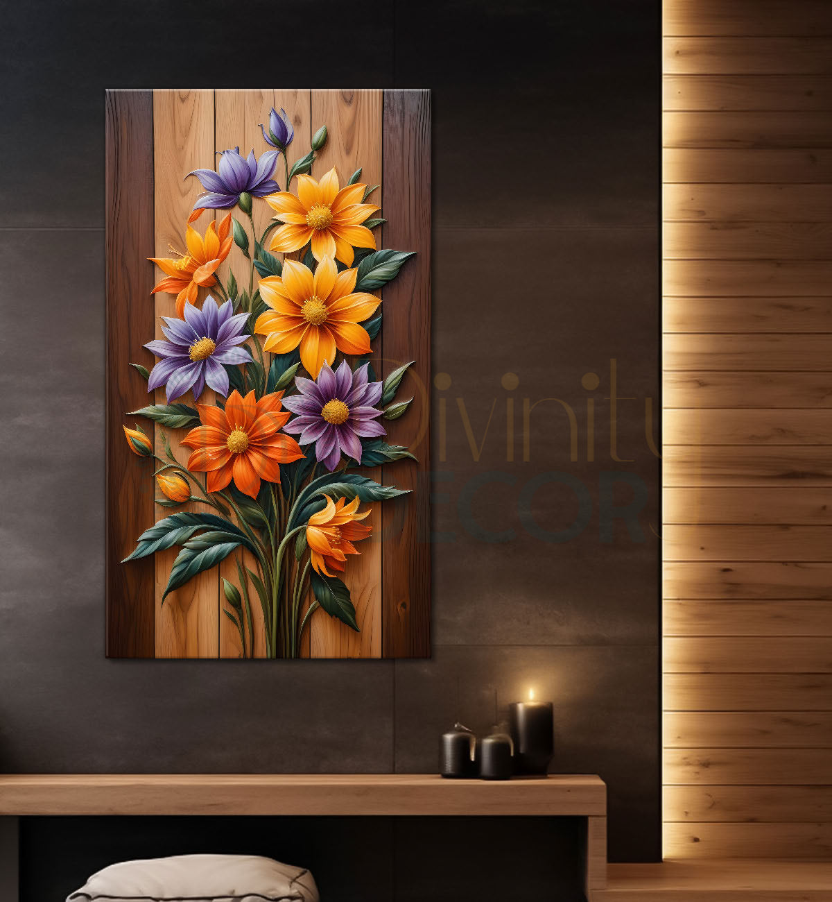 Colourful flowers in light brown textured painting - Flower-V-13