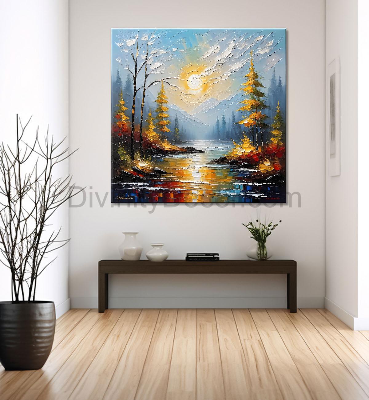 Yellow trees with mountains , sun and lake in textured natural art Canvas Painting 24X24 - Nature Art -S-14