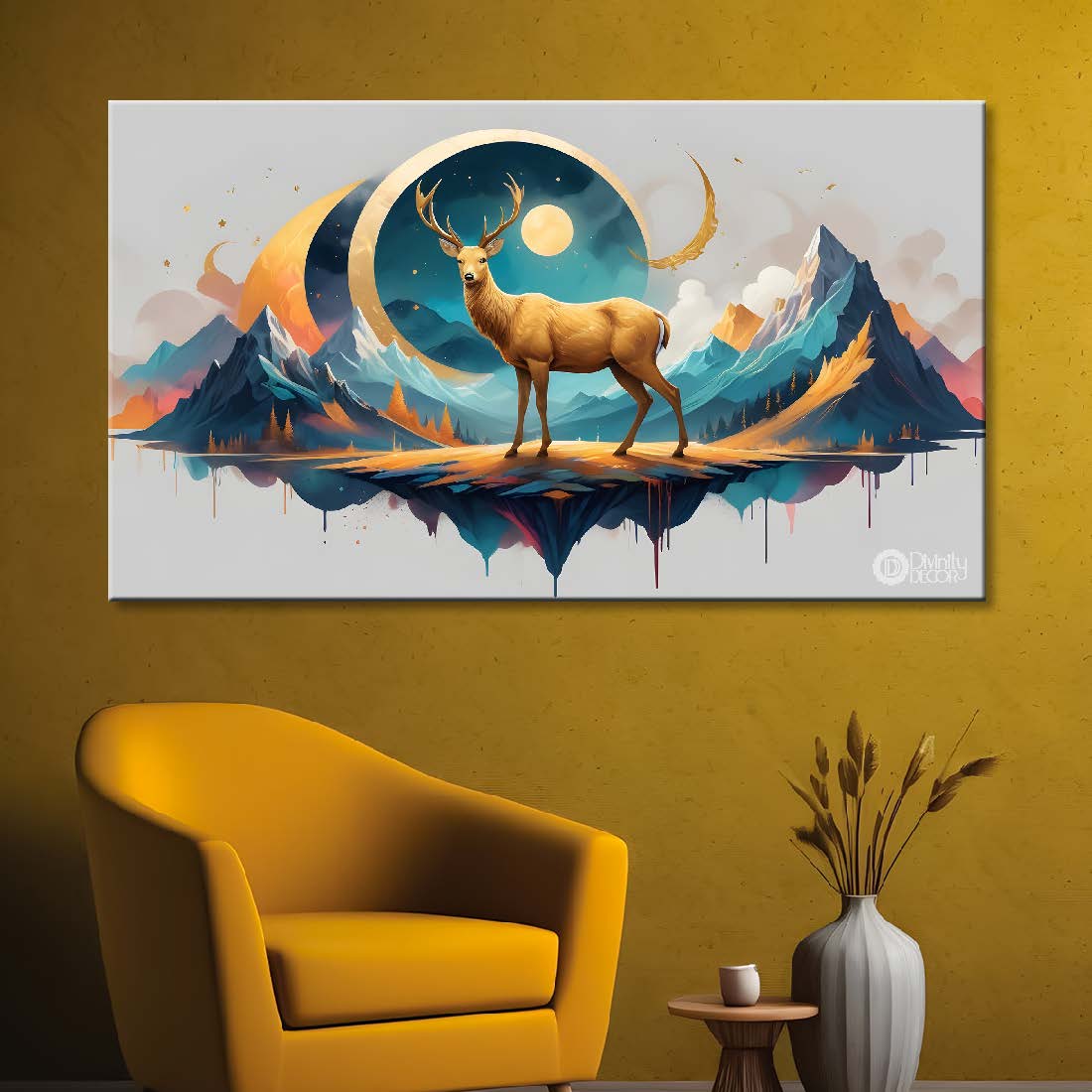 Golden Deer with mountains and moon in textured art.- Design - Animal -14