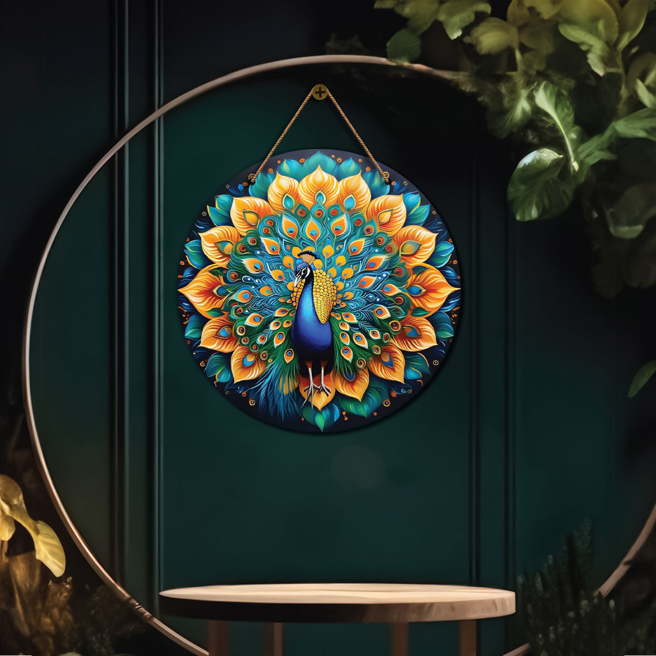 Peacock in green and golden mandala Round Wooden Wall Hanging for wall Décor - Design - 14