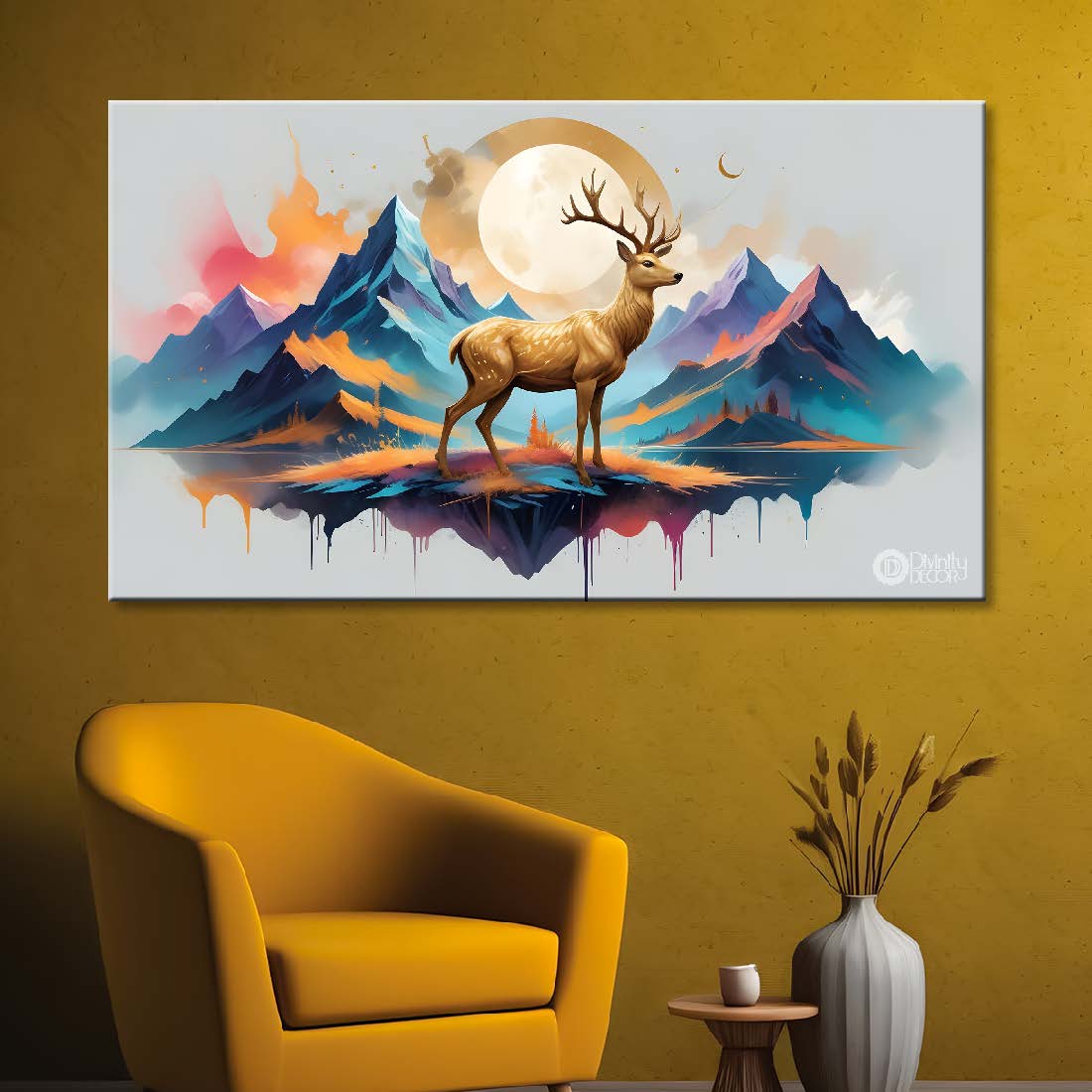 Golden Deer with mountains and moon in textured art.- Design - Animal -15