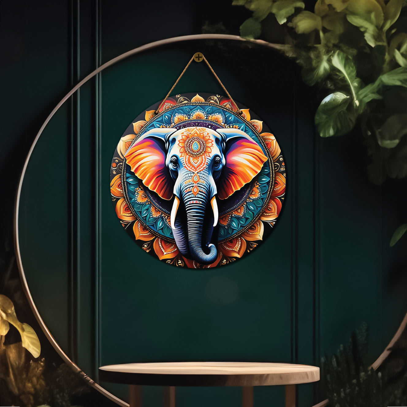 Elephant in orange and green mandala Round Wooden Wall Hanging for wall Décor - Design - 15