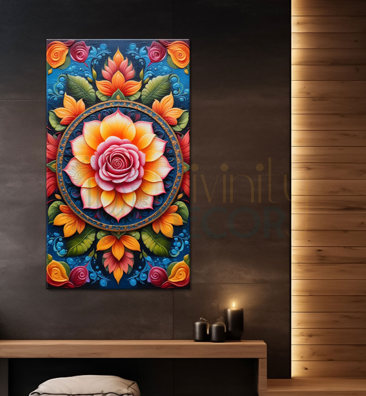 Colourful flower in mandala design textured painting - Flower-V-15