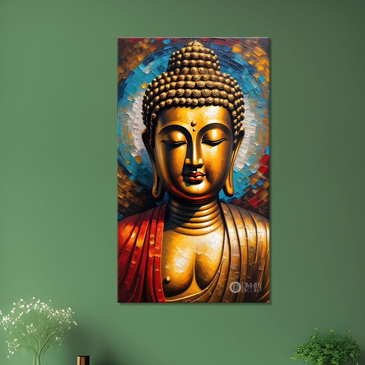Golden buddha with colourful background textured painting- Buddha-V-15