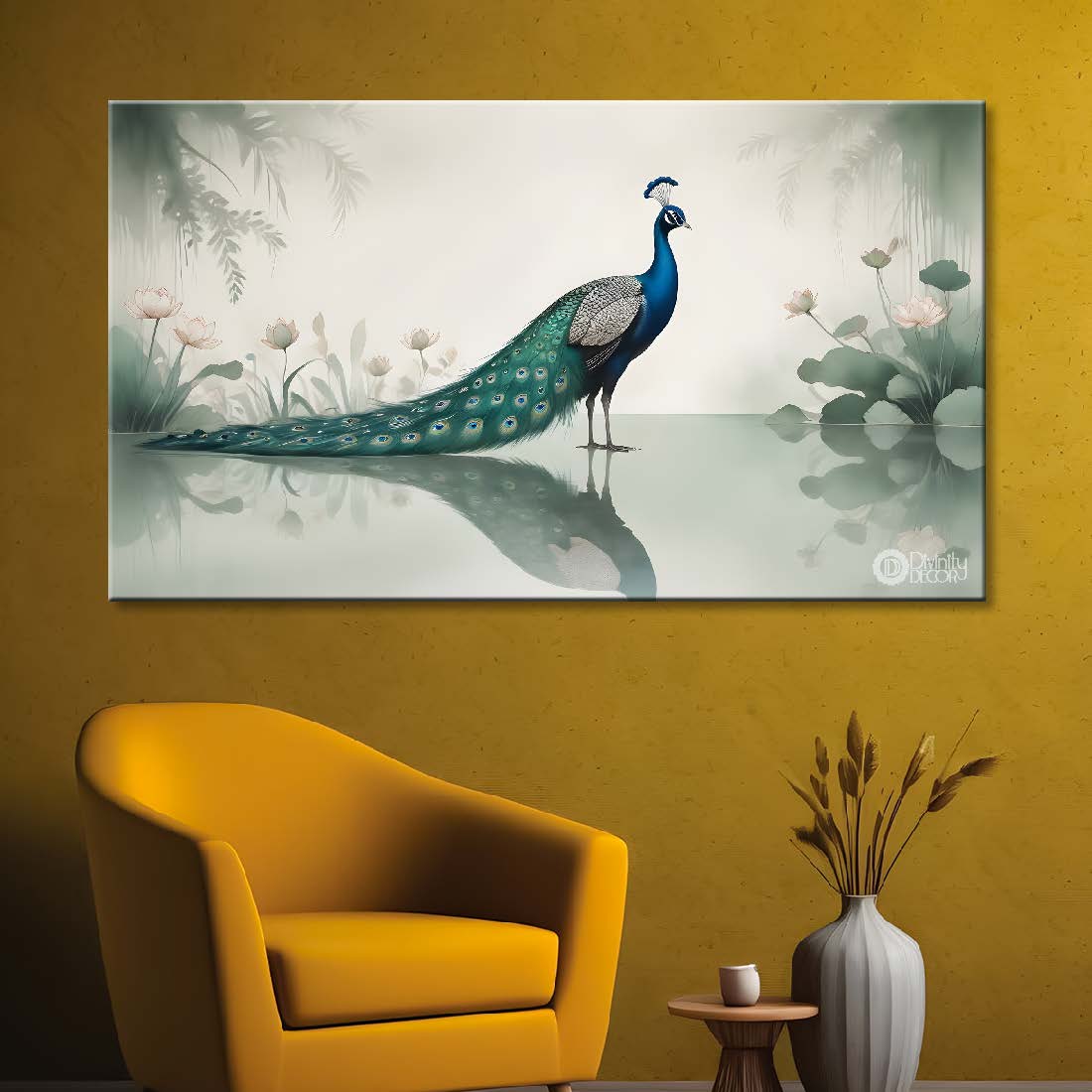 Peacock with flowers and trees in fog textured art.- Design - Animal -16