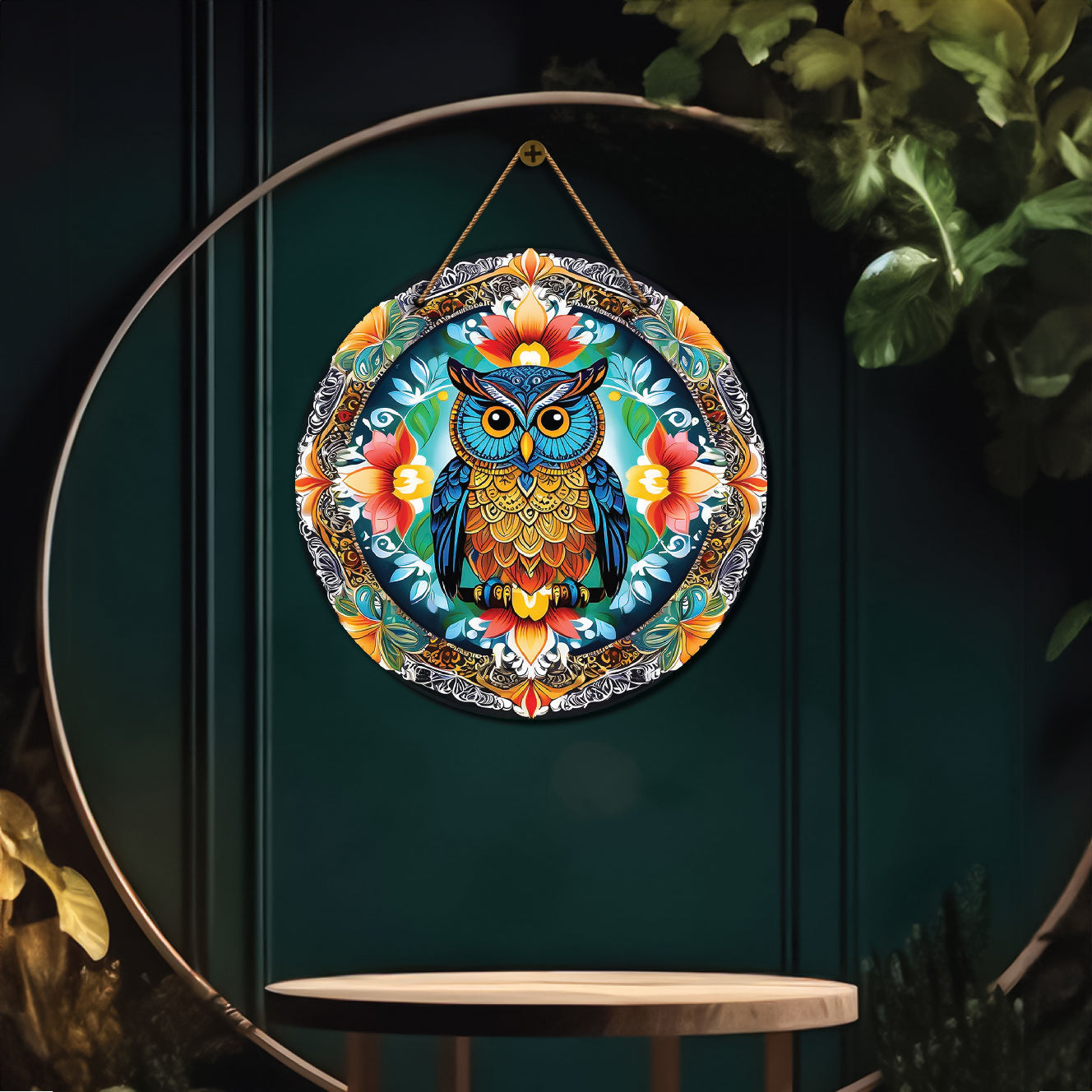 Owl in red and floral mandala Round Wooden Wall Hanging for wall Décor - Design - 16