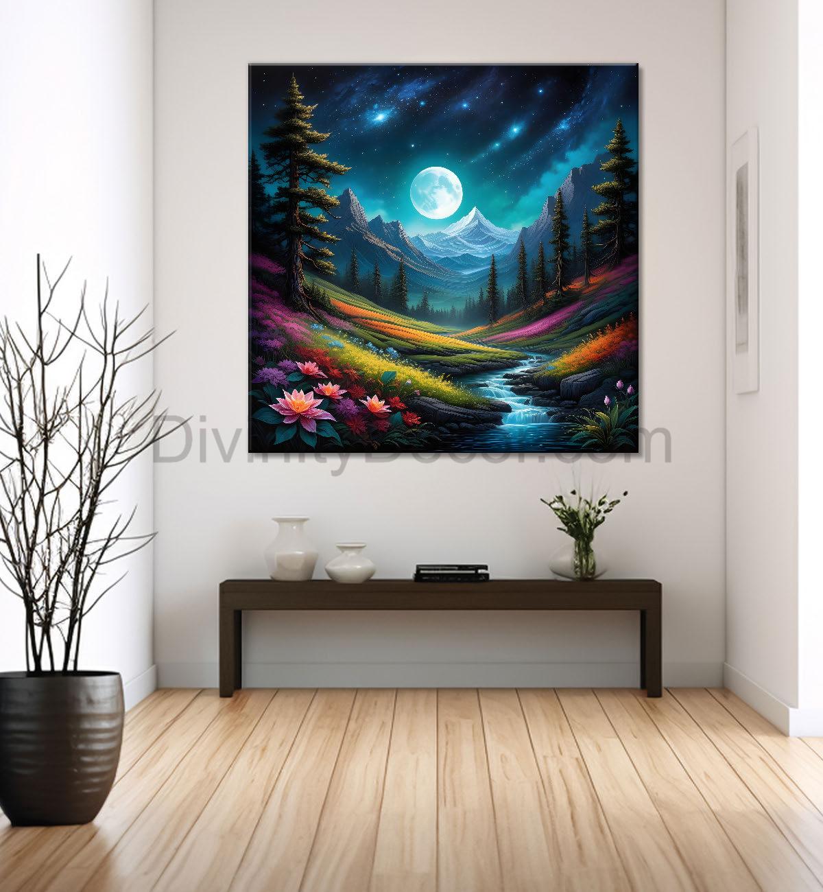 Natural art painting of mountains, river with beautiful flowers and moon Canvas Painting 24X24- Nature Art -S-16