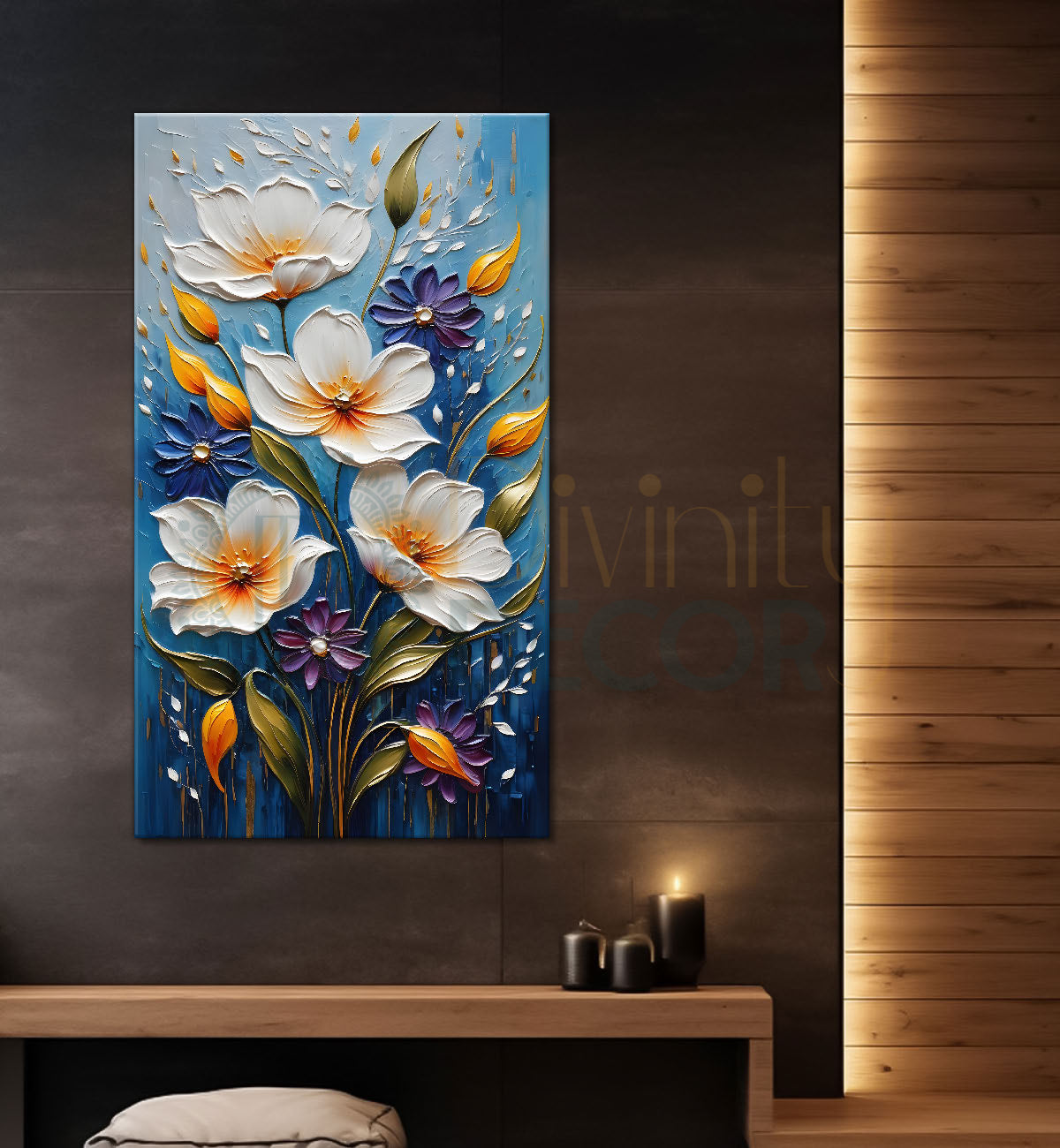 White flowers in blue textured background painting - Flower-V-16