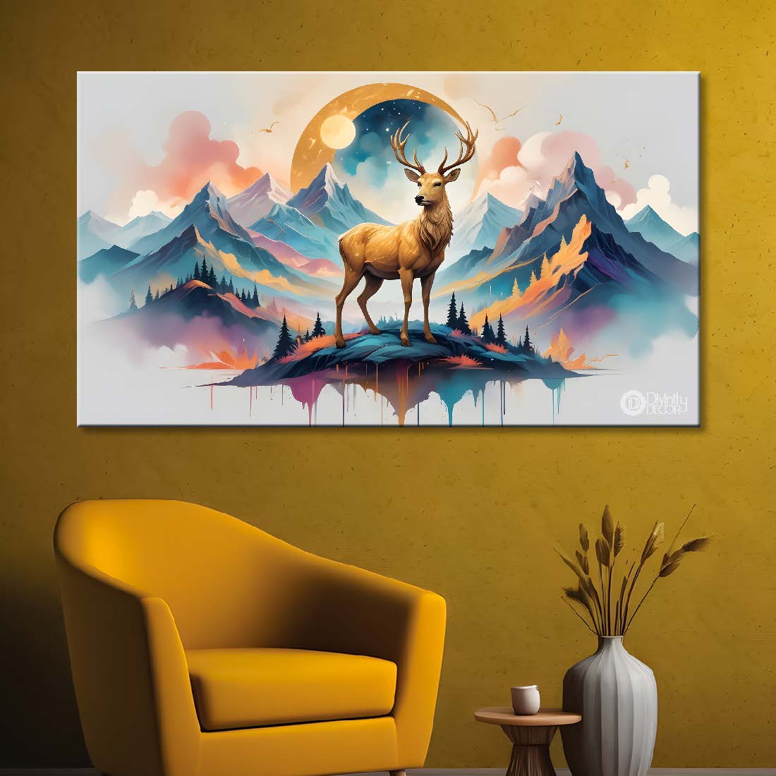 Golden Deer with mountains and moon in textured art.- Design - Animal -17
