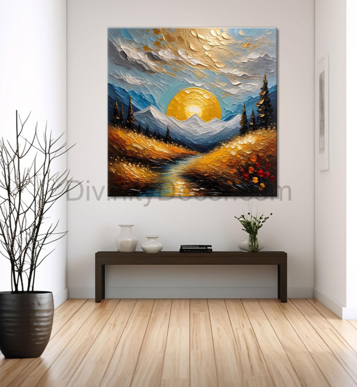 Mountians and lake with sunrise background painting Canvas Painting 24X24 - Nature Art -S-17