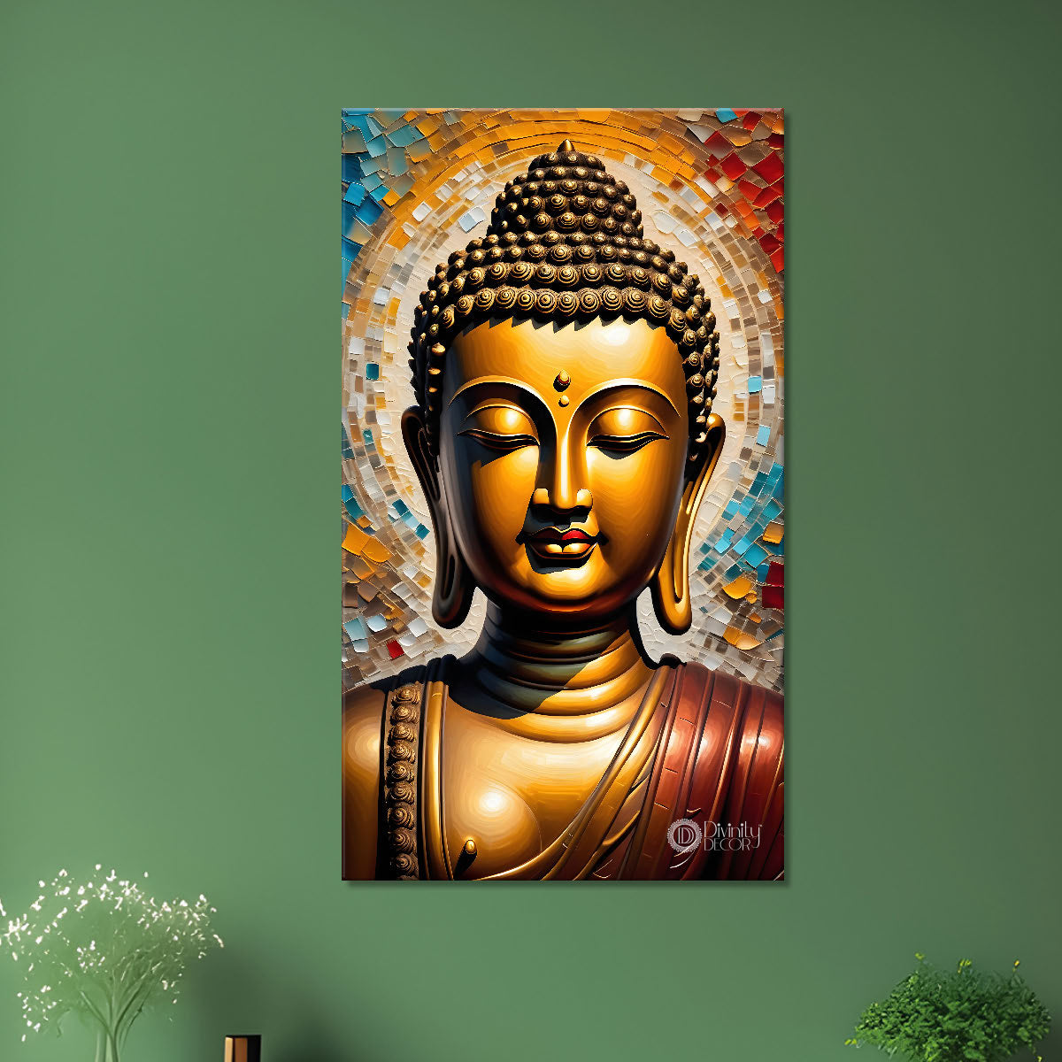 Golden buddha with colourful background textured painting - Buddha-V-17