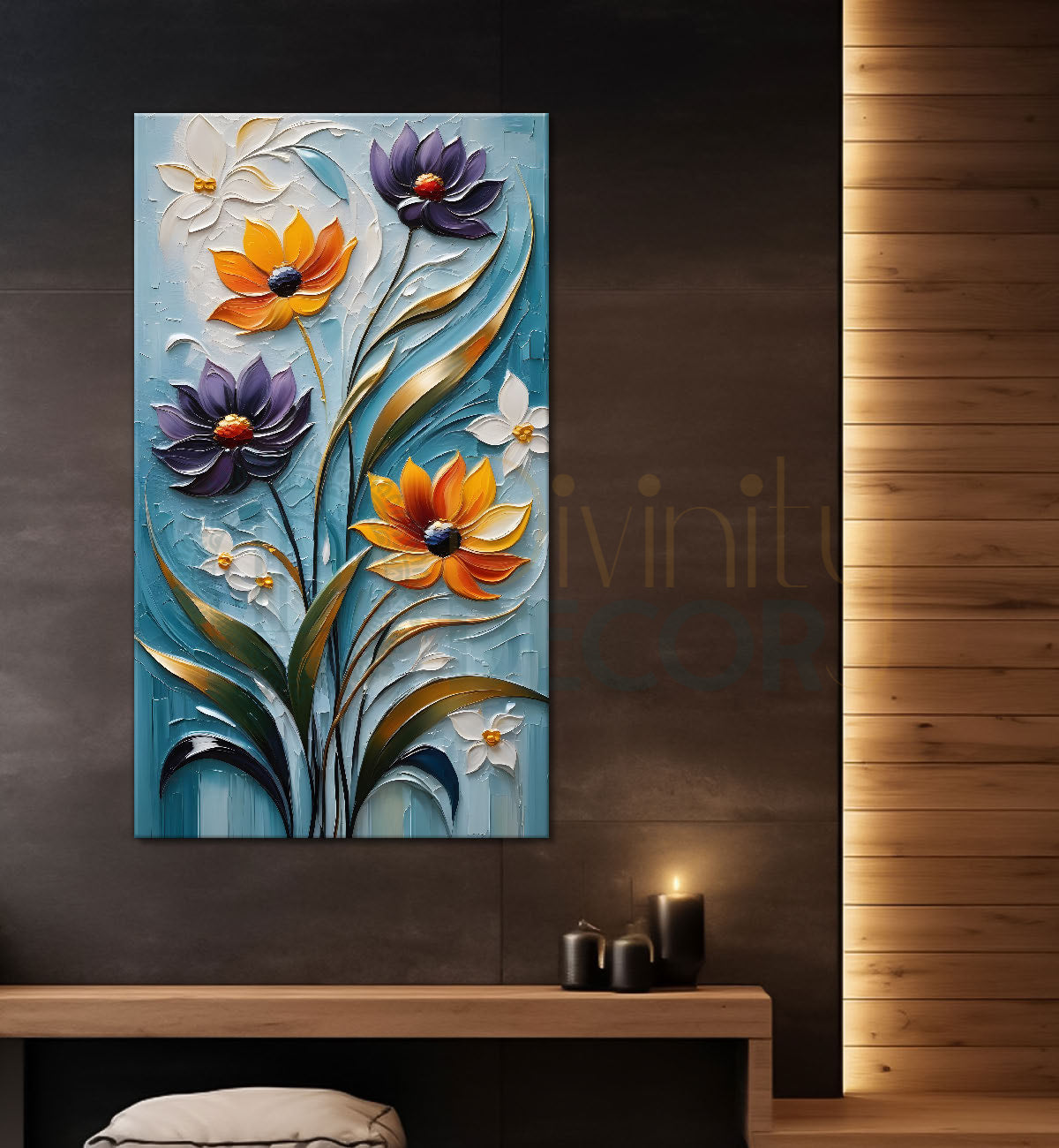 Colourful flowers in blue textured background painting - Flower-V-18