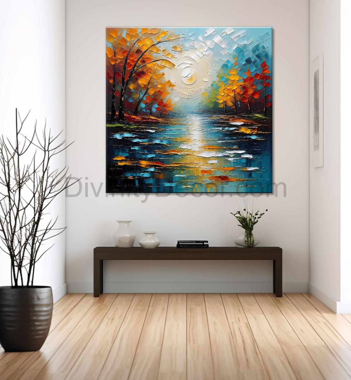 Red-orange tree with colourful lake natural art Canvas Painting 24X24- Nature Art -S-18
