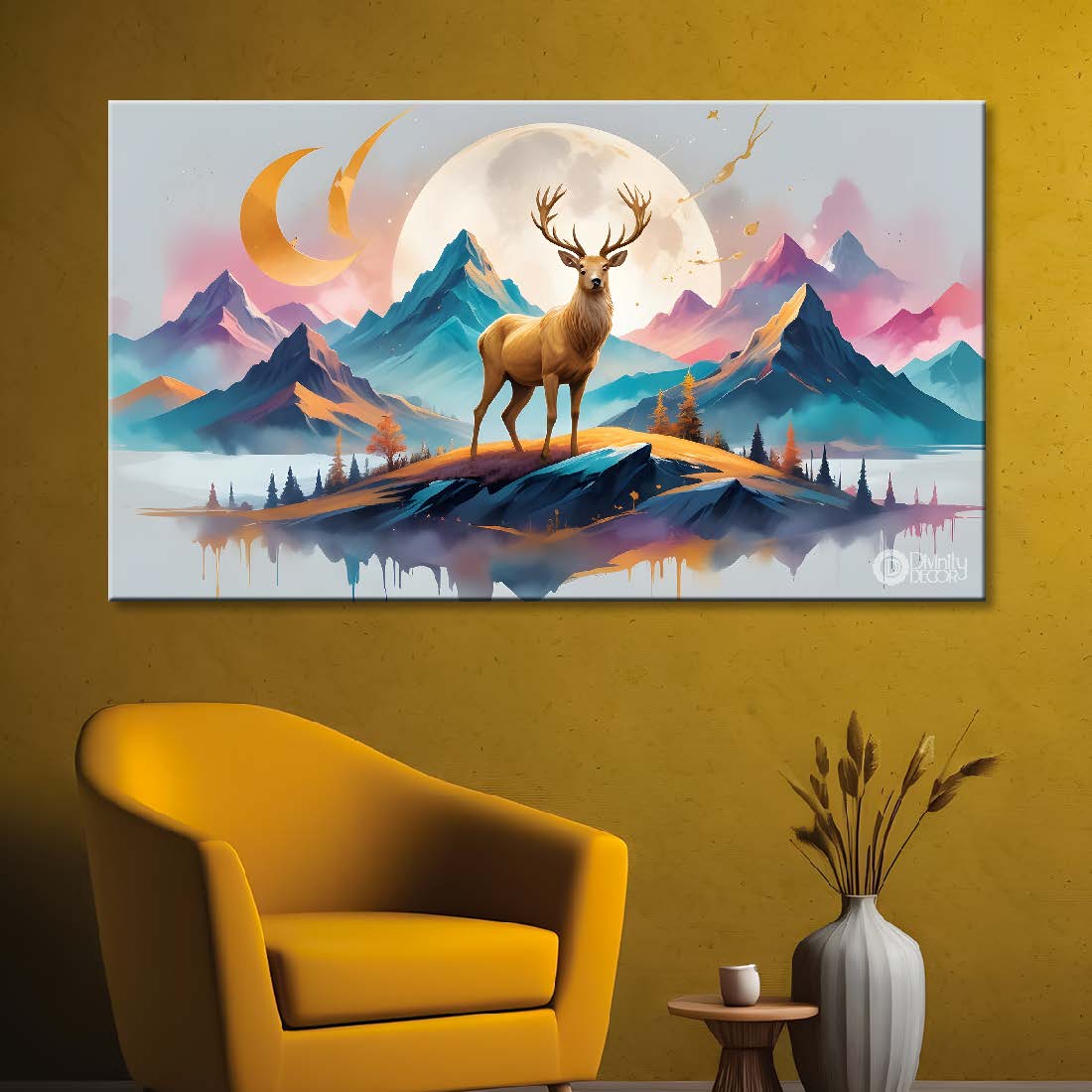 Golden Deer with mountains and moon in textured art.- Design - Animal -18