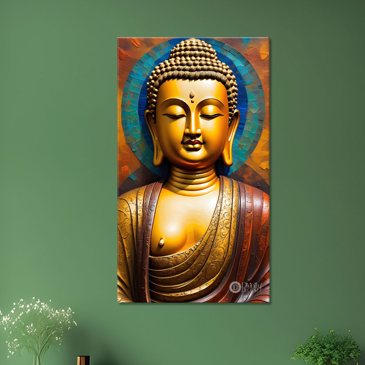 Golden buddha with colourful background textured painting - Buddha-V-18