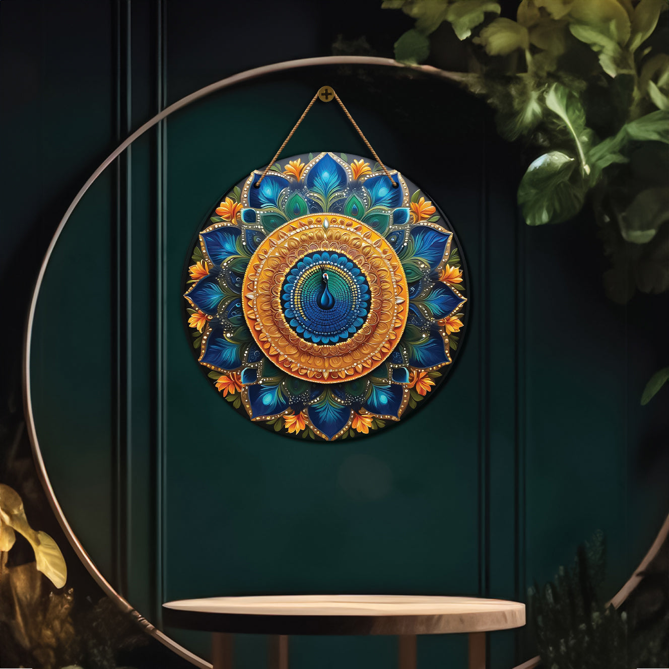 Peacock in blue and golden mandala Round Wooden Wall Hanging for wall Décor - Design - 18