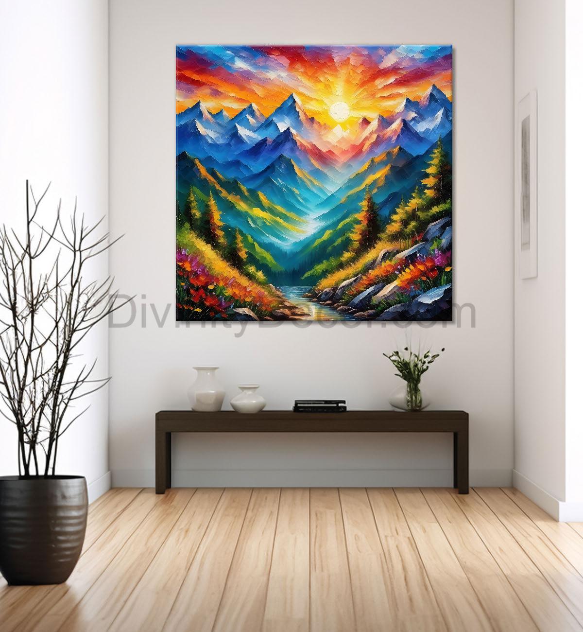 Mountains with greenery in sunrise textured painting Canvas Painting 24X24- Nature Art -S-19