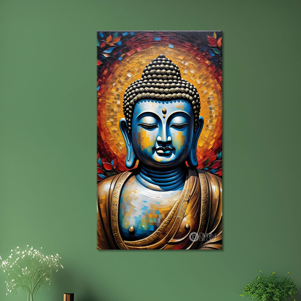 Golden buddha with colourful background textured painting - Buddha-V-19