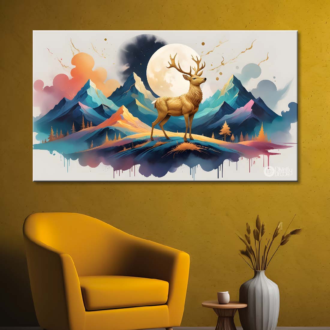 Golden Deer with mountains and moon in textured art.- Design - Animal -19