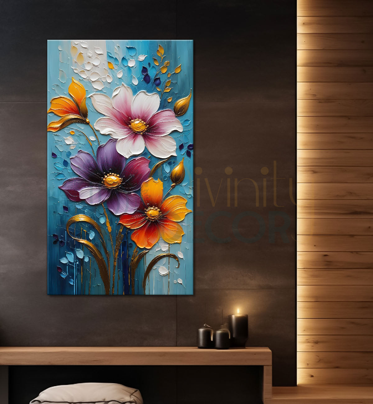 Colourful flowers in blue textured background painting - Flower-V-19