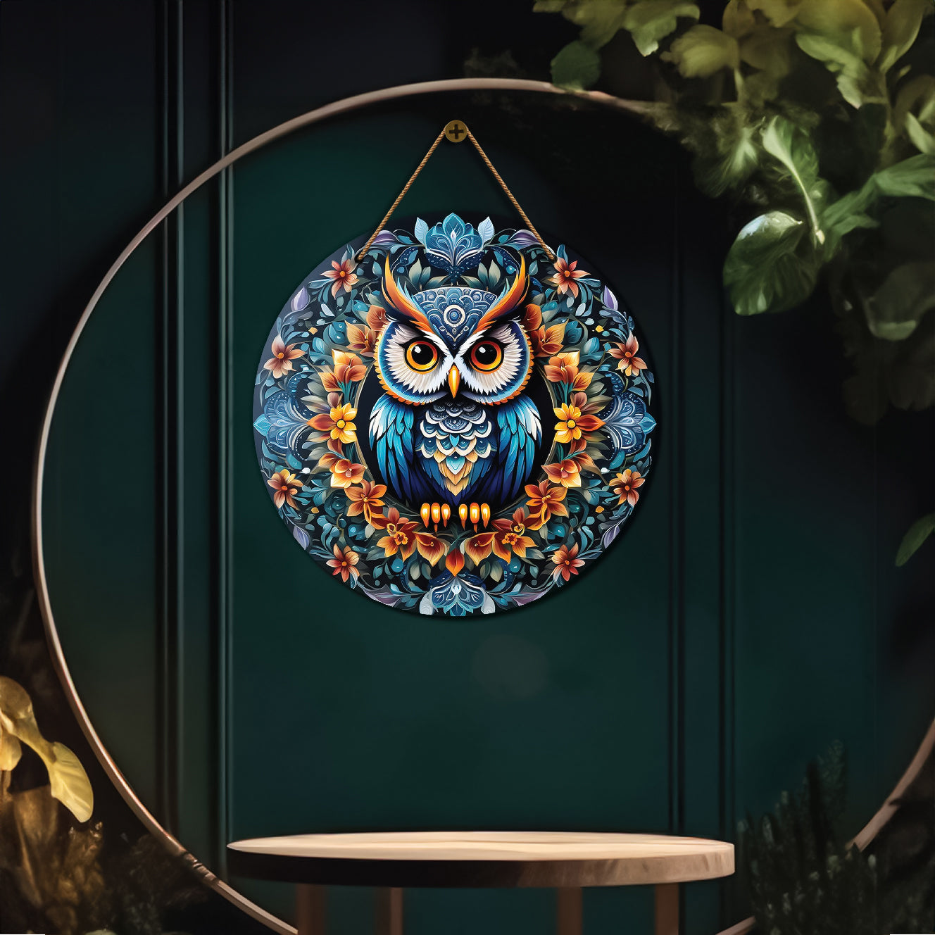 Owl in blue and golden mandala Round Wooden Wall Hanging for wall Décor - Design - 19