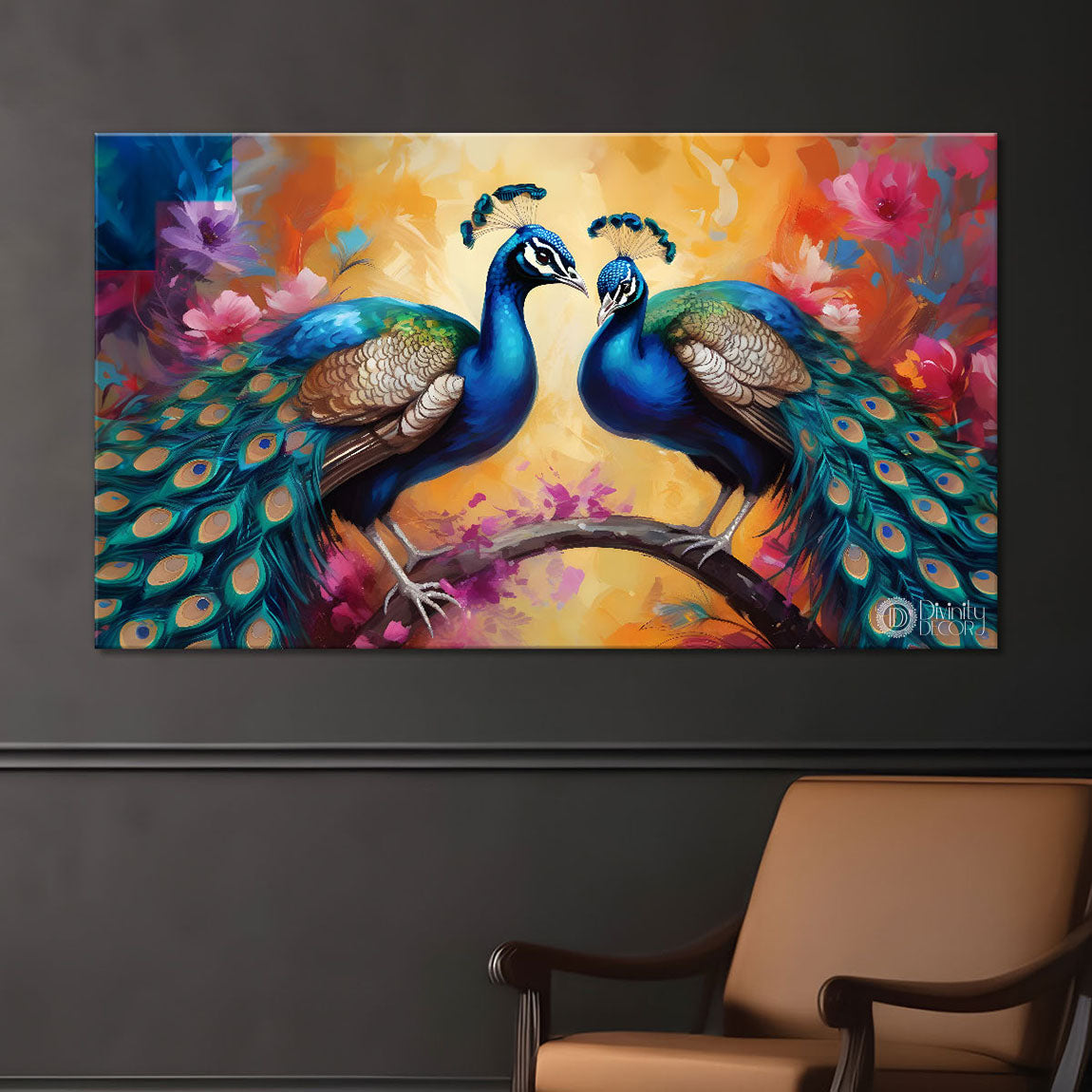 Two peacocks on the branch Canvas Painting - Design - Peacock-2