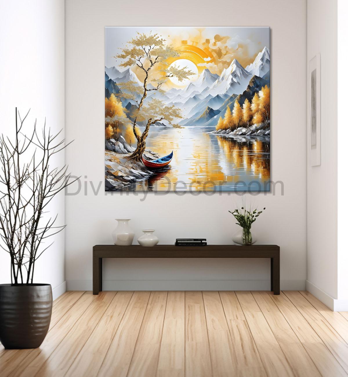 Golden tree with river and mountains in light background painting Canvas Painting 24X24 - Nature Art -S-20