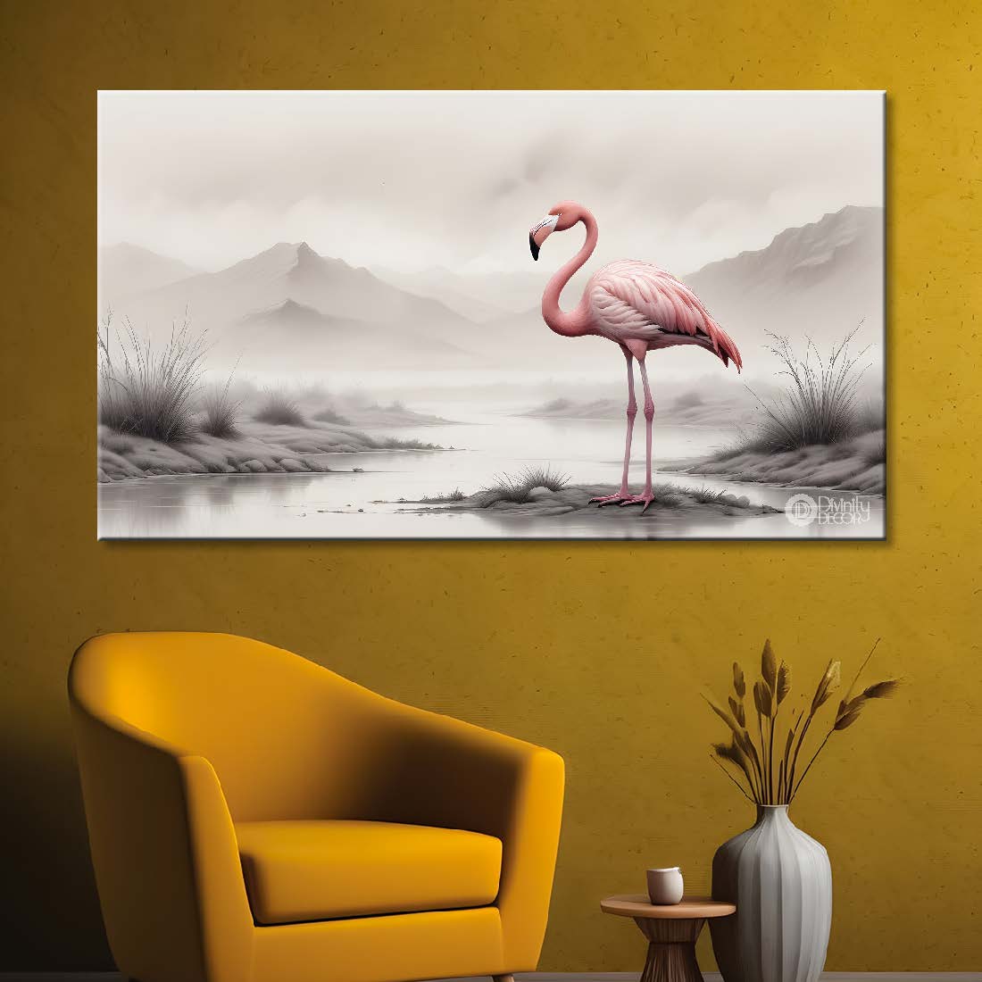 Pink Flamingo with mountains and fog textured art.- Design - Animal -20