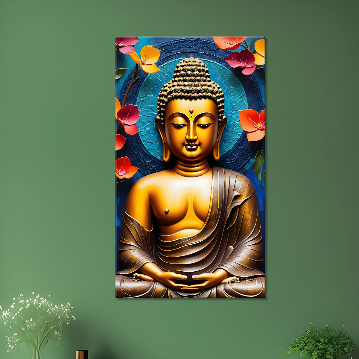 Golden buddha with colourful background textured painting - Buddha-V-21