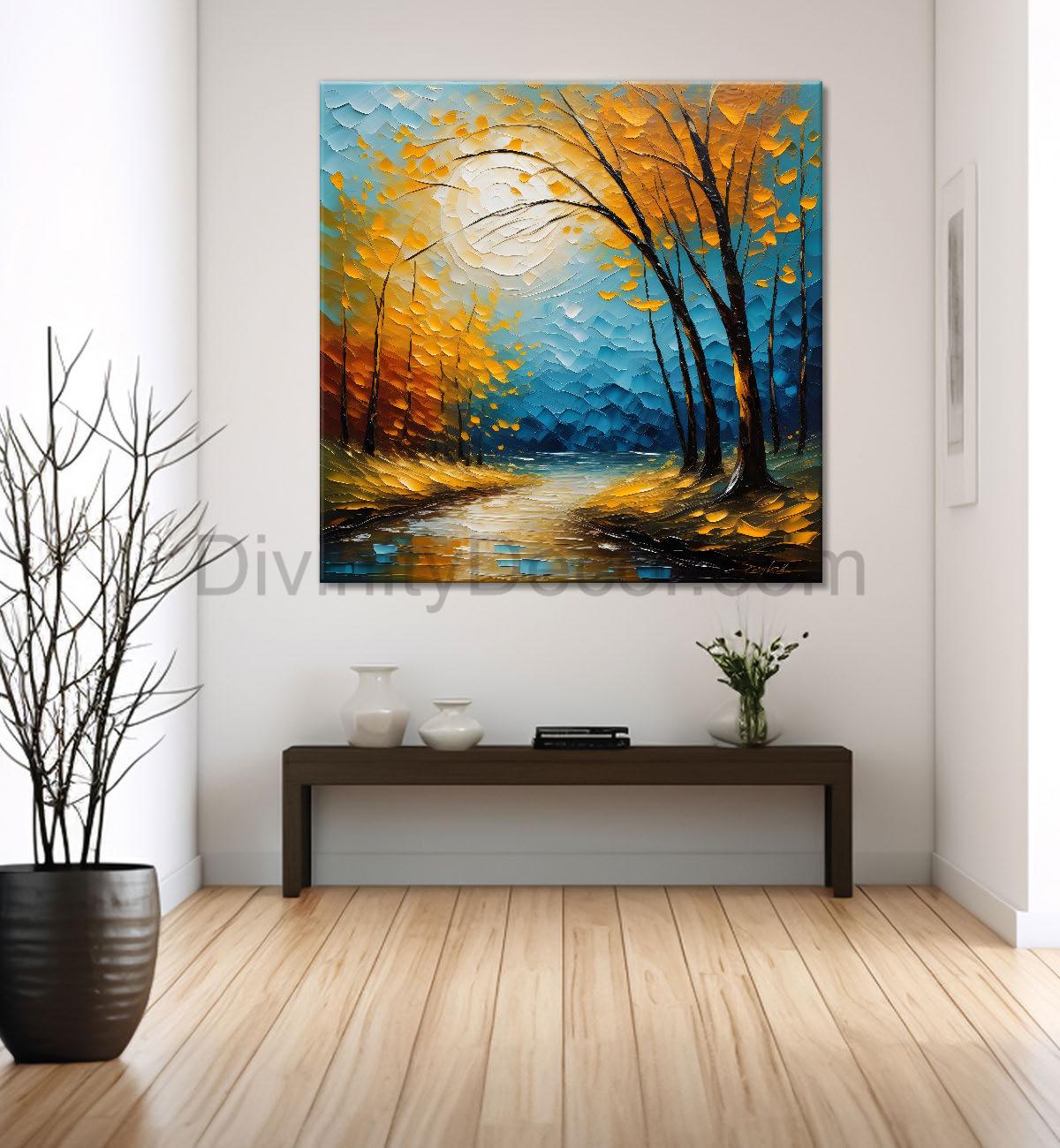 Orange tree with sun in blue textured background Canvas Painting 24X24- Nature Art -S-21