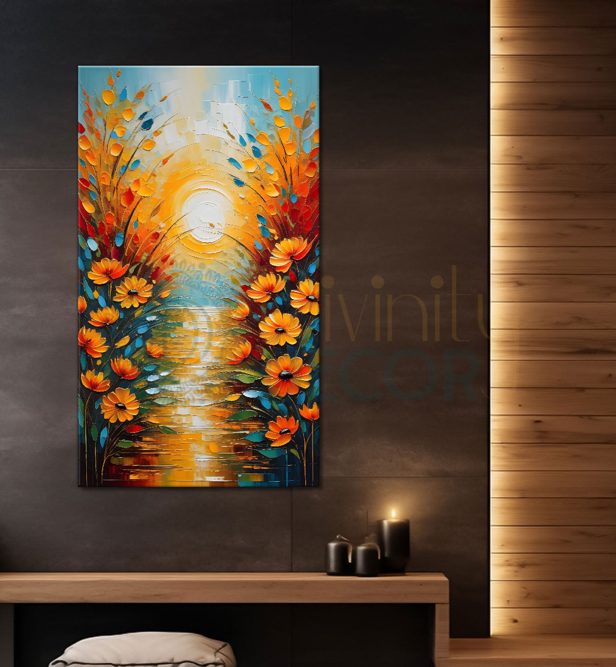 Orange flowers with sunrise textured painting - Flower-V-21