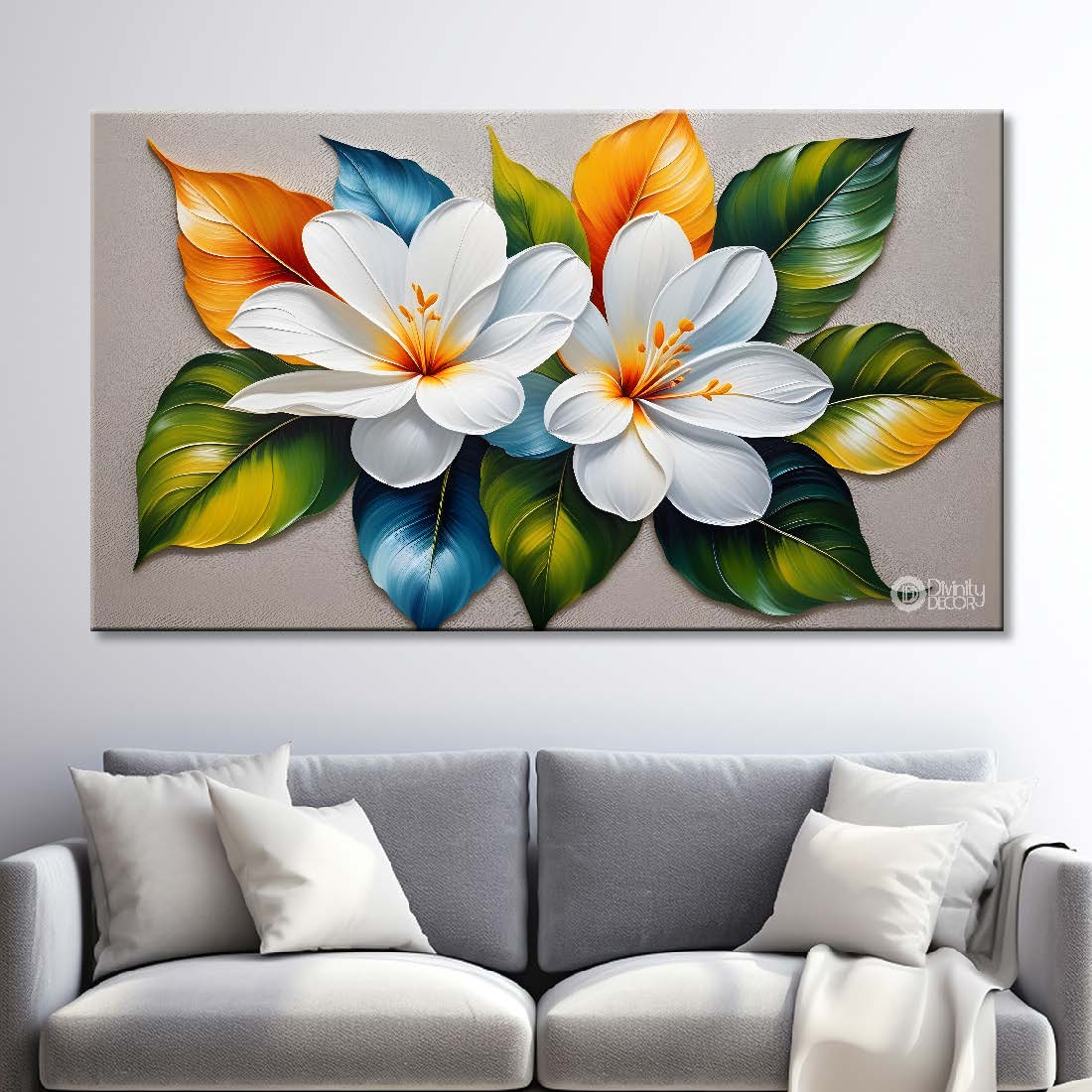 White flowers with green leaves textured painting- Design - Flower-22