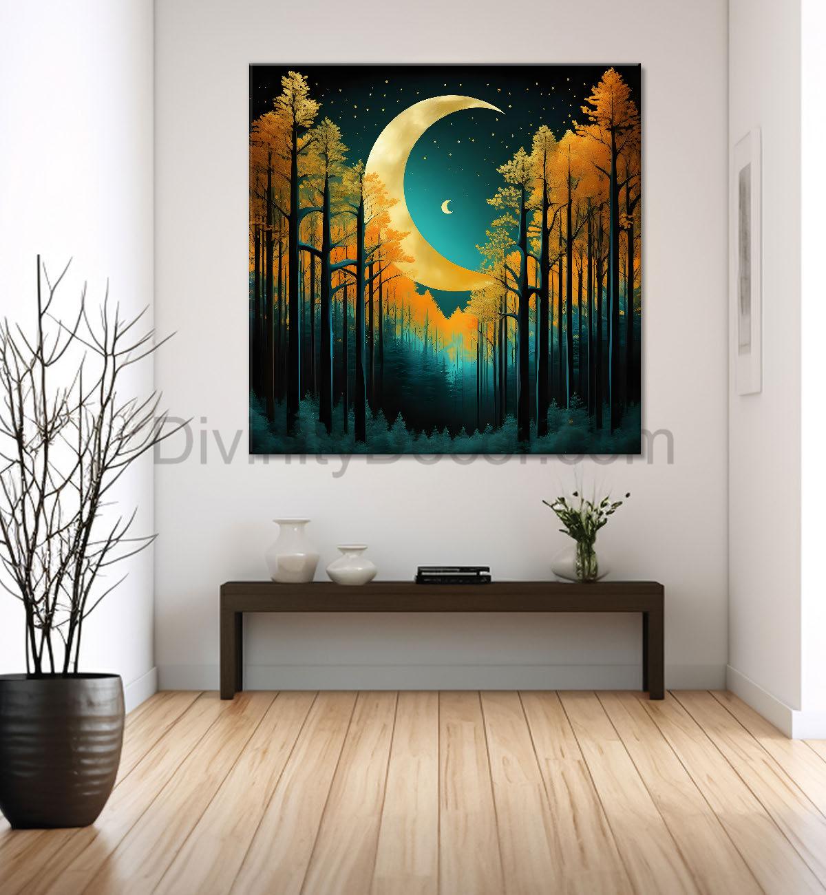 Orange tree with moon in dark green background natural art Canvas Painting 24X24- Nature Art -S-22