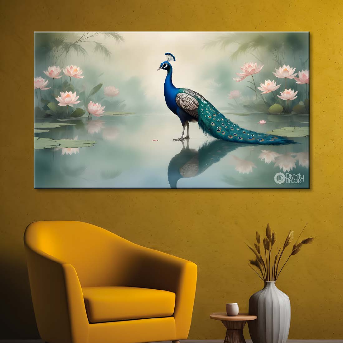 Peacock with lotus in fog textured art.- Design - Animal -22