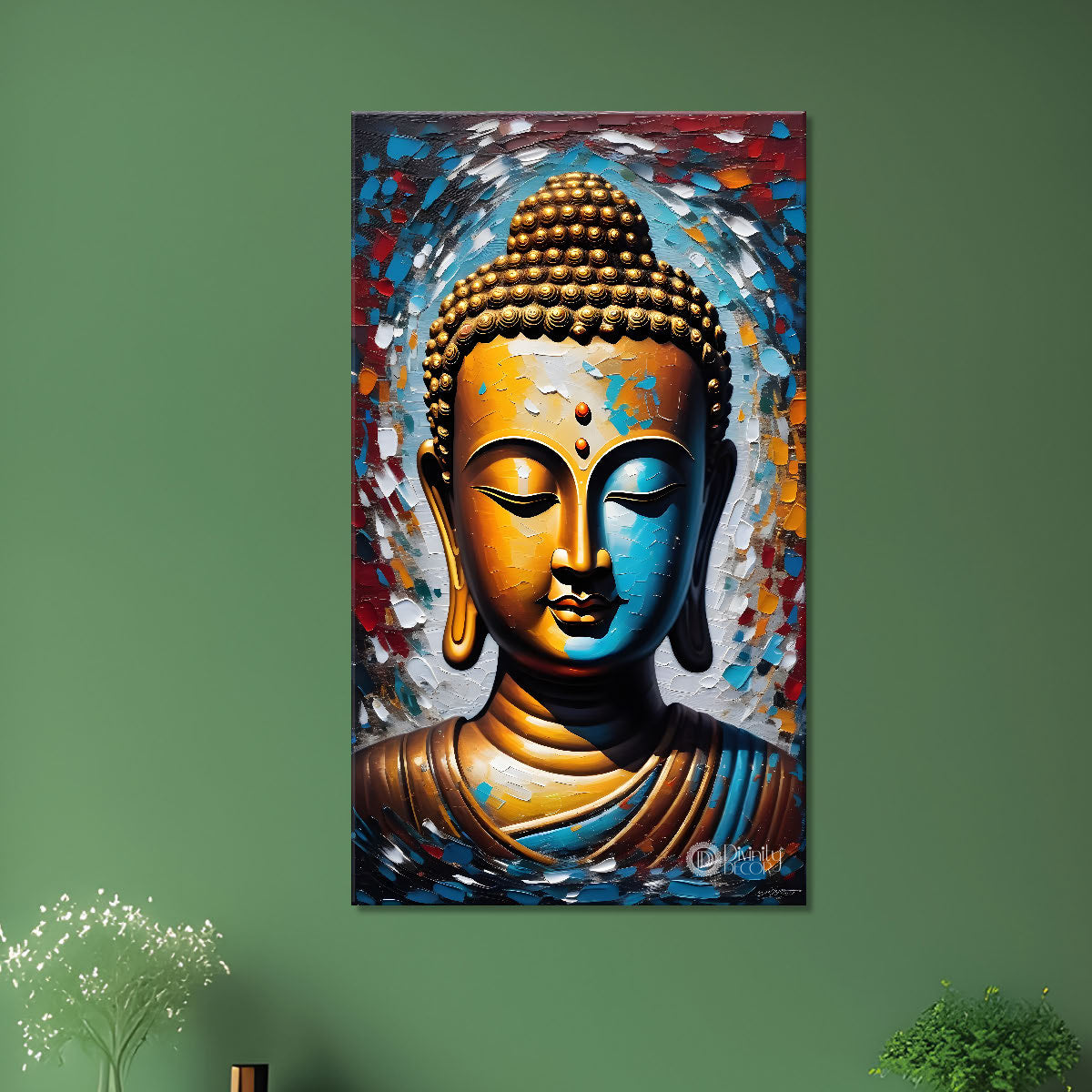 Golden buddha with colourful background textured painting - Buddha-V-22