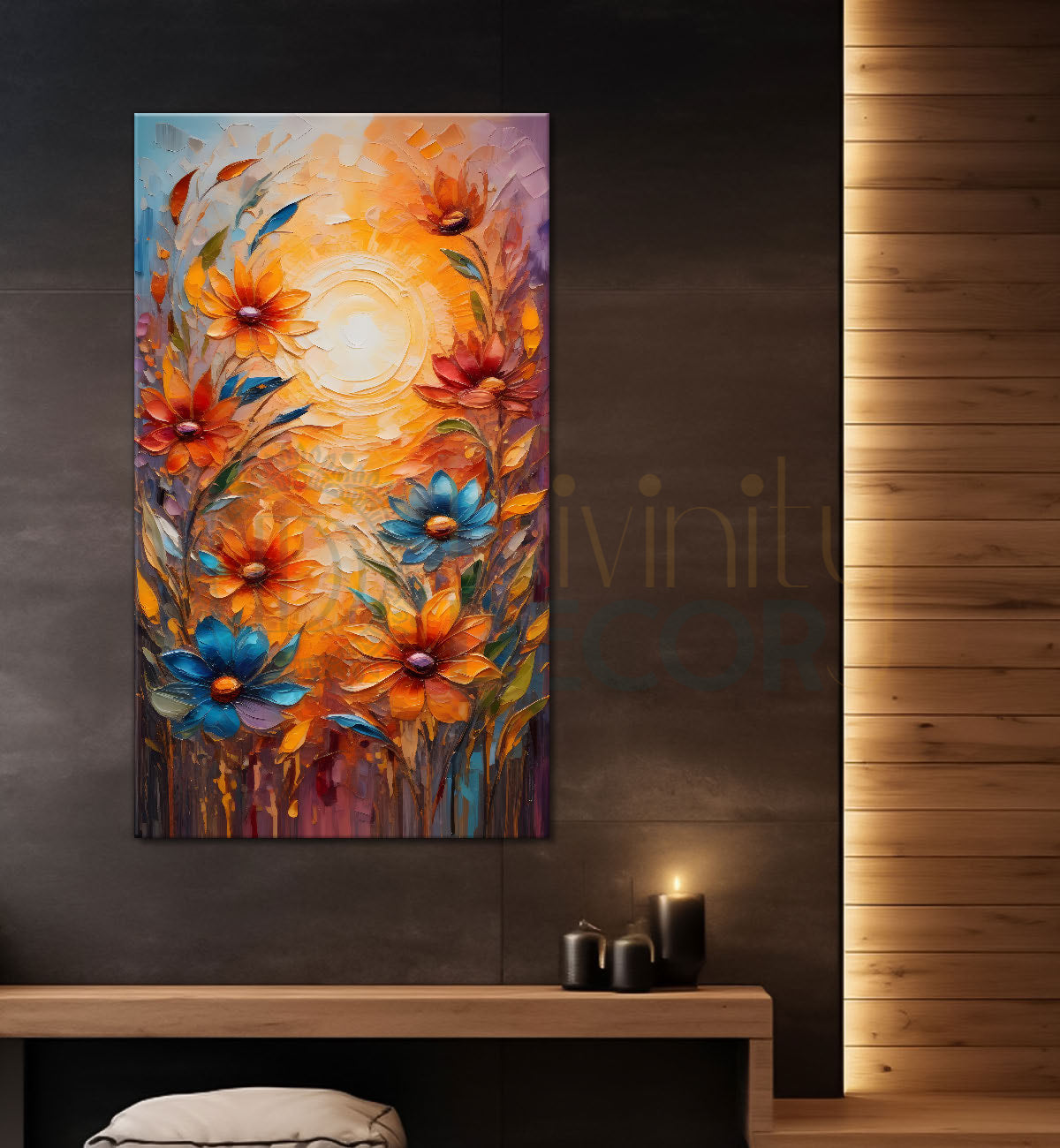 Orange flowers with sunrise textured painting - Flower-V-22