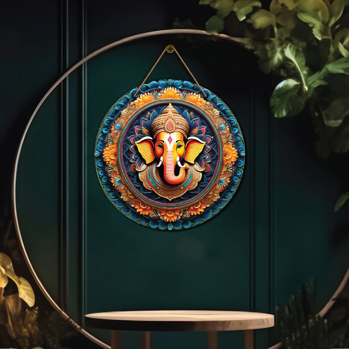 Ganesh Ji in orange and blue mandala Round Wooden Wall Hanging for wall Décor - Design - 22