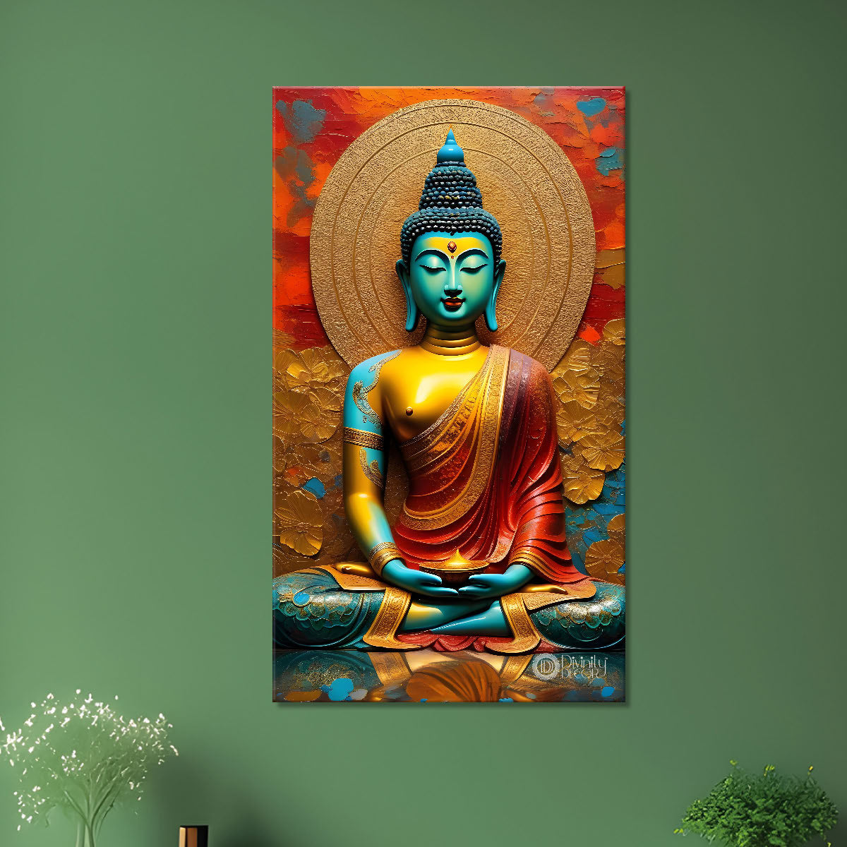 Blue buddha with red background textured painting - Buddha-V-23