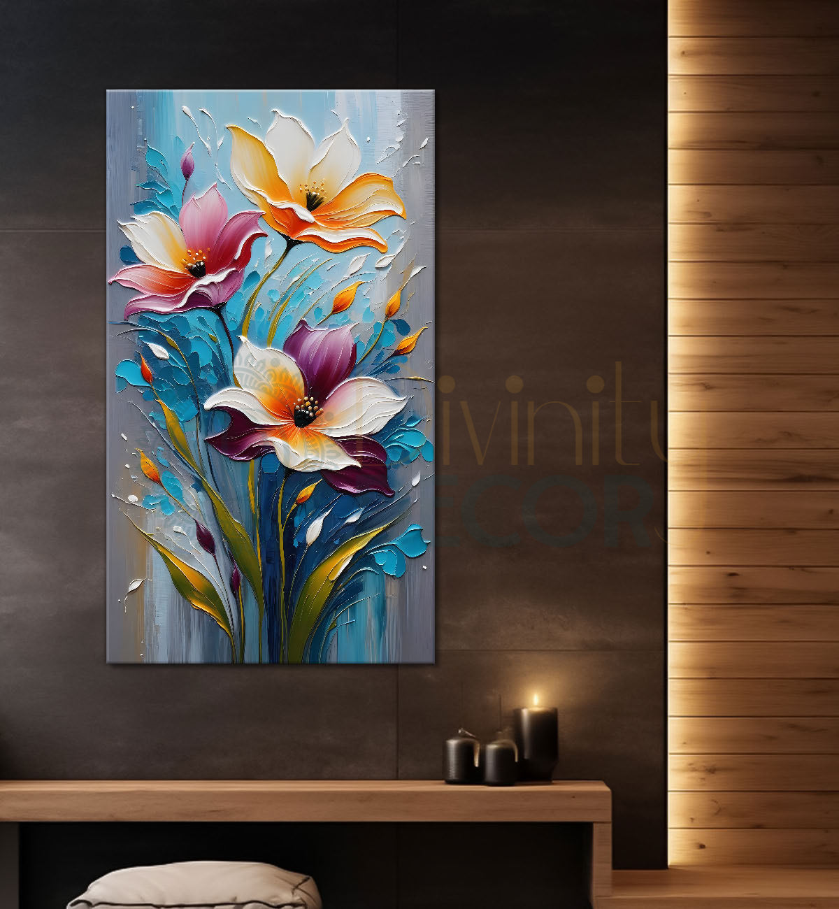 Pink flowers in blue textured background painting- Flower-V-23