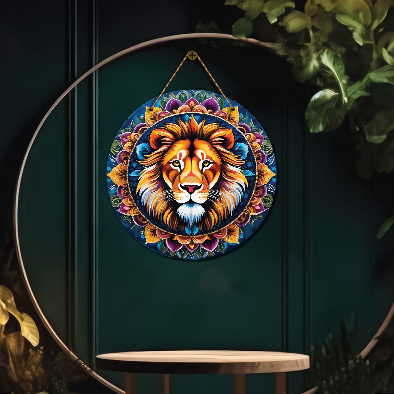 Lion in purple and blue mandala Round Wooden Wall Hanging for wall Décor - Design - 23
