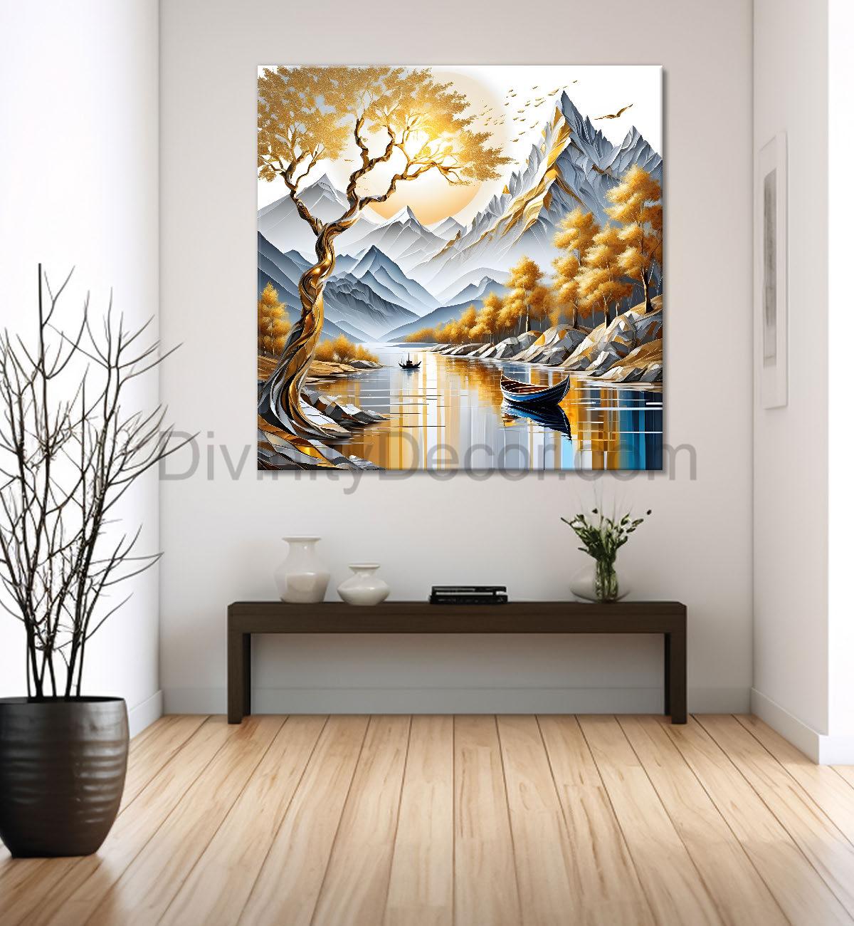 Golden tree with river and mountains in light background painting Canvas Painting 24X24 - Nature Art -S-23